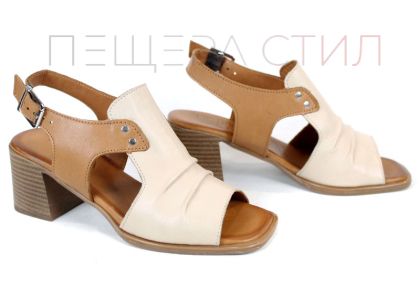 sandale dama piele naturala bej tabac toc stabil