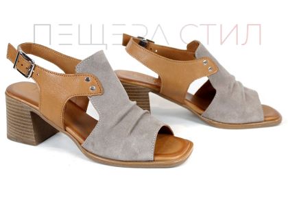 sandale dama velur natural si piele vizon tabac toc