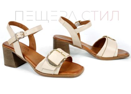 sandale dama bej cu toc piele naturala