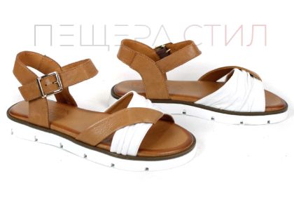 sandale dama piele alb maro deschis