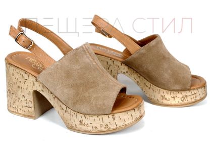 Sabot dama din piele intoarsa naturala maro desert cu platforma si toc gros