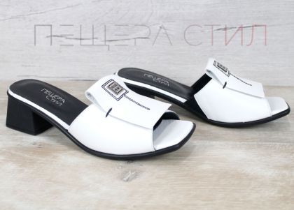 papuci dama piele naturala albi cu toc