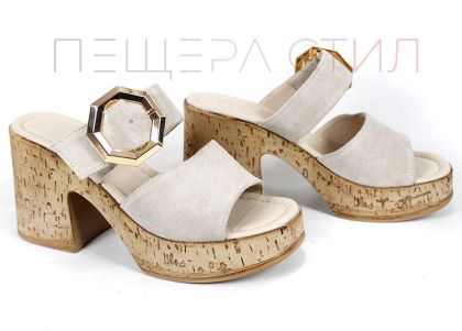 Selena Aria – papuci damă din piele velur bej cu platformă