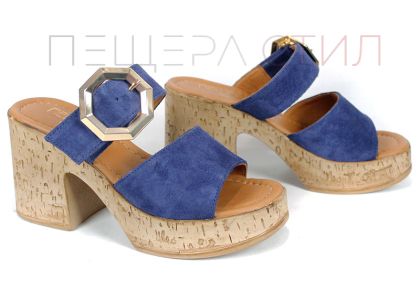 Selena Aria – papuci damă din velur natural albastru cu platformă