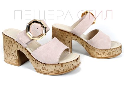 Selena Aria – papuci damă cu platformă din piele velur roz