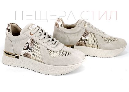 Melora Vanté – sneakers dama din piele velur cu inserții din plasă și accent python în nuanță bej