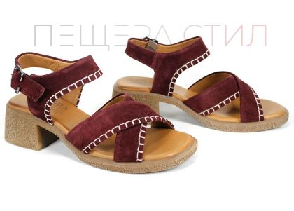 Calista Mare – sandale damă cu toc din piele velur roșu cherry