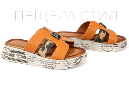 Papuci damă Luna Fiera piele bej cu detaliu leopard