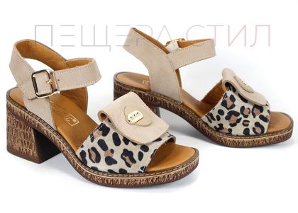 Noemi Ferrant – sandale damă cu toc din piele naturală și nabuc, bej, cu imprimeu leopard