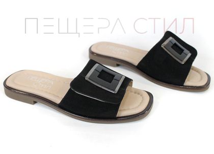 Papuci damă eleganți Bianca Morelli din piele naturală velur negru cu cataramă decorativă