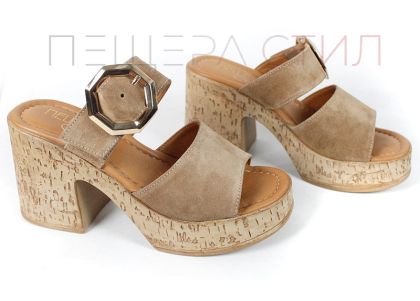 Selena Aria – papuci damă din piele velur, platformă, culoare maro deschis