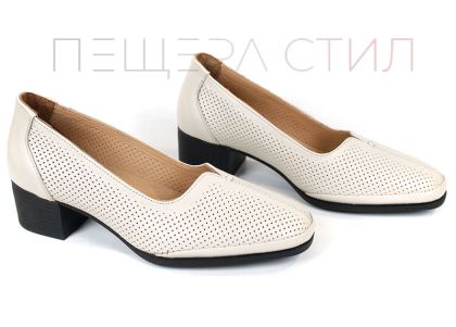 1232BJK – pantofi damă din piele naturală albă cu perforații și toc confortabil
