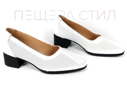 1233BK – pantofi damă din piele naturală albă cu perforații și toc confortabil