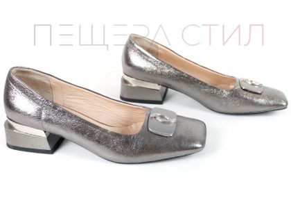 Pantofi damă cu toc mic din piele naturală culoare platină