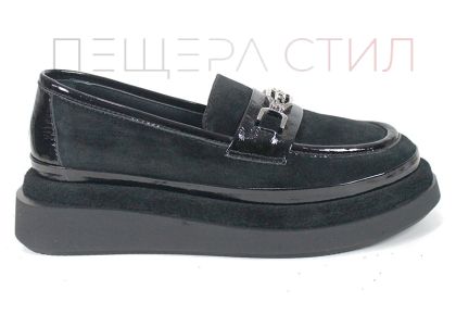 Mocasini damă Valentina Ricci din piele naturală velur și lac – negri cu platformă ușoară