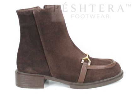 Eleganza – botine damă din piele întoarsă naturală maro închis, cu toc jos