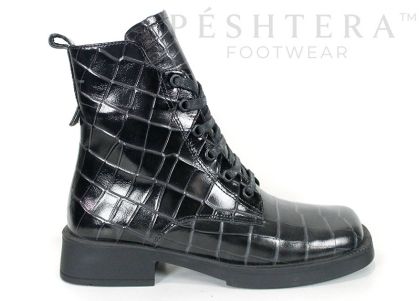 Women's Combat Boots in Black Glossy Genuine Leather with Croc Embossing