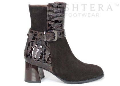 Isabella Montel women's dark brown suede and croc patent leather heeled ankle boots – side view