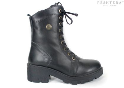 Valeria Montoro Women's Black Genuine Leather Combat Boots with Warm Lining, Elastic Laces and Side Zipper