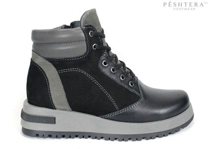 Sofia Bellini – Women's Warm Black Leather and Nubuck Ankle Boots with Laces, Side Zipper and Lug Sole