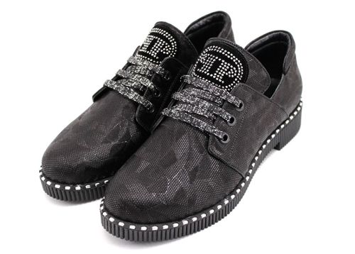 Pantofi casual dama din piele spectaculoasă în negru 1025 CH