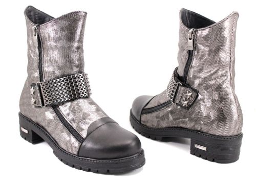 Ghete de damă din piele naturală în argint și negru 1035 SR