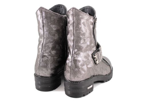 Ghete de damă din piele naturală în argint și negru 1035 SR
