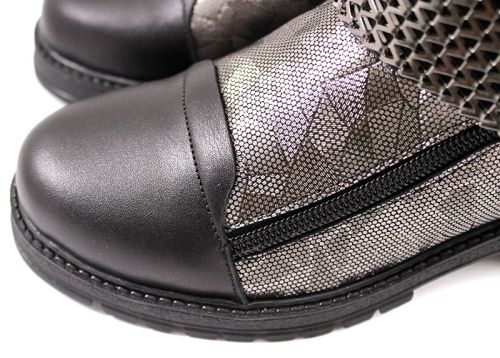 Ghete de damă din piele naturală în argint și negru 1035 SR
