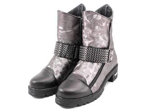 Ghete de damă din piele naturală în argint și negru 1035 SR