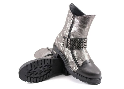 Ghete de damă din piele naturală în argint și negru 1035 SR