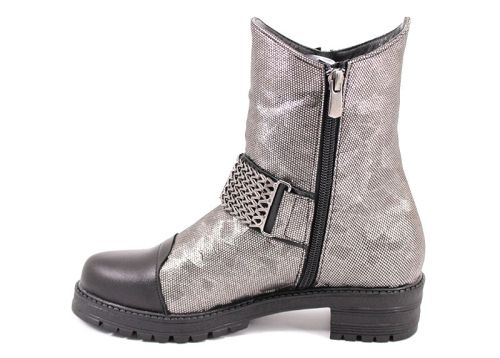 Ghete de damă din piele naturală în argint și negru 1035 SR