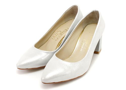 Pantofi eleganti din piele naturală cu efect de satin alb 873 B