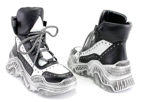 Femei pantofi de sport de iarnă din piele naturală în alb-negru 6002 CH