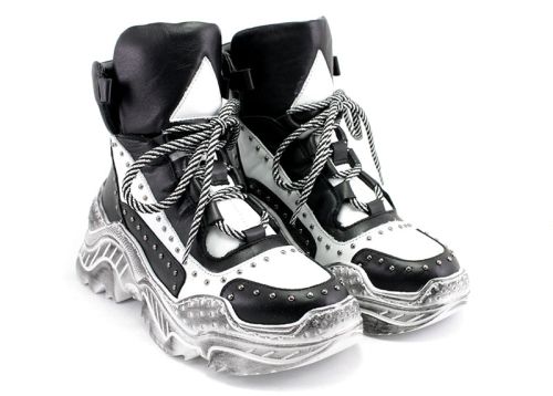 Femei pantofi de sport de iarnă din piele naturală în alb-negru 6002 CH