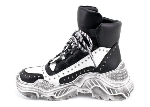 Femei pantofi de sport de iarnă din piele naturală în alb-negru 6002 CH