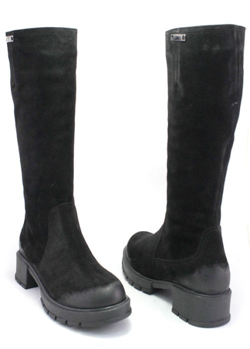 Cizme dama din piele intoarsa naturala cu fermoar lateral, de culoare neagra, model Gemma.