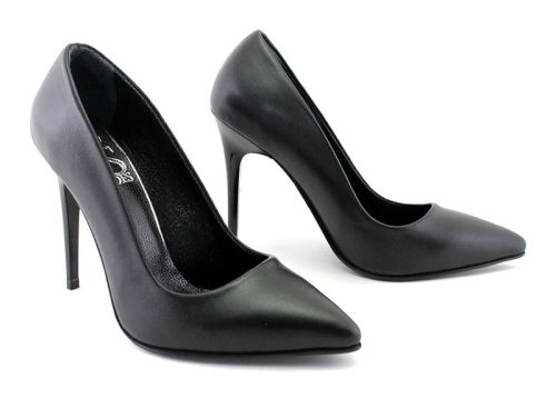 Pantofi stiletto cu toc înalt din piele naturală negru, model Jessica.