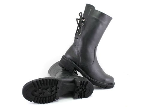 Ghete de damă cu fermoar lateral și șireturi în spate în negru - Model Belen.