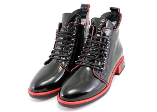 Botine elegante pentru femei, cu fermoar lateral și șireturi în negru și roșu - Model Esmeralda.