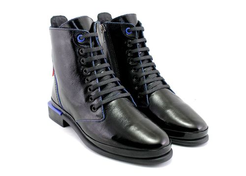 Botine elegante pentru femei, cu fermoar lateral și șireturi în negru și albastru - Model Ilana.