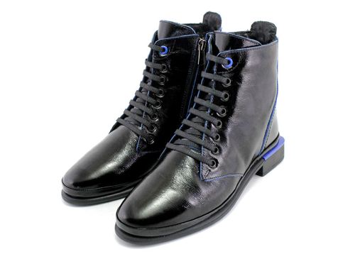 Botine elegante pentru femei, cu fermoar lateral și șireturi în negru și albastru - Model Ilana.