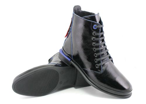 Botine elegante pentru femei, cu fermoar lateral și șireturi în negru și albastru - Model Ilana.