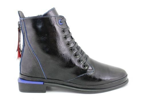 Botine elegante pentru femei, cu fermoar lateral și șireturi în negru și albastru - Model Ilana.