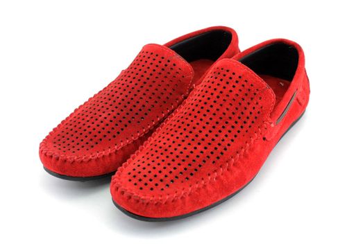 Mocasini barbatesti din piele intoarsa naturala in rosu - Model Charlie.