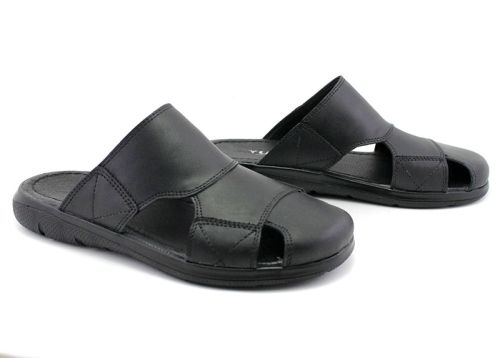 Papuci barbatesti, degete inchise, din piele naturala de culoare neagra, model Boyan