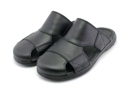 Papuci barbatesti, degete inchise, din piele naturala de culoare neagra, model Boyan