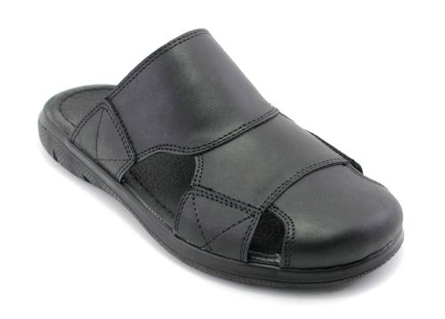 Papuci barbatesti, degete inchise, din piele naturala de culoare neagra, model Boyan