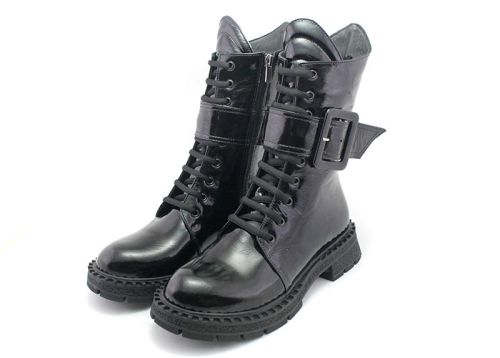 Botine de dama din piele lacuita neagra - Model Regina