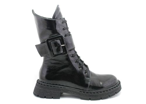 Botine de dama din piele lacuita neagra - Model Regina