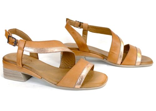 sandale damă Solena Flow piele naturală moka auriu toc jos